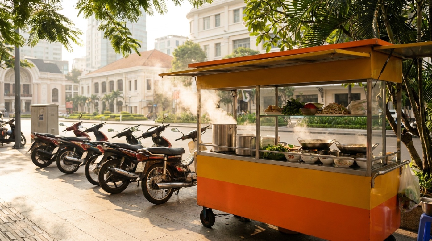 Xe đẩy ăn sáng vận hành thực tế trên vỉa hè Sài Gòn