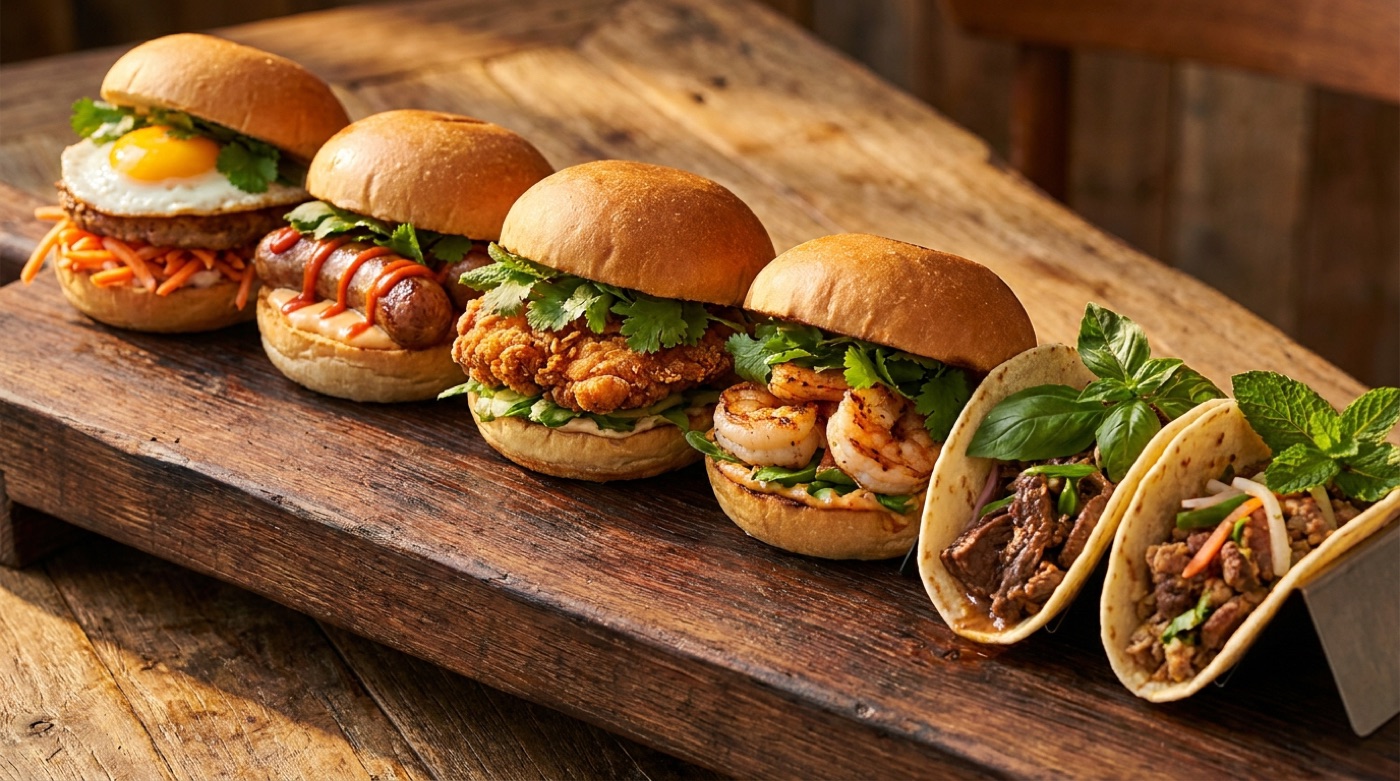 6 món burger và tacos signature menu xe đẩy ăn sáng