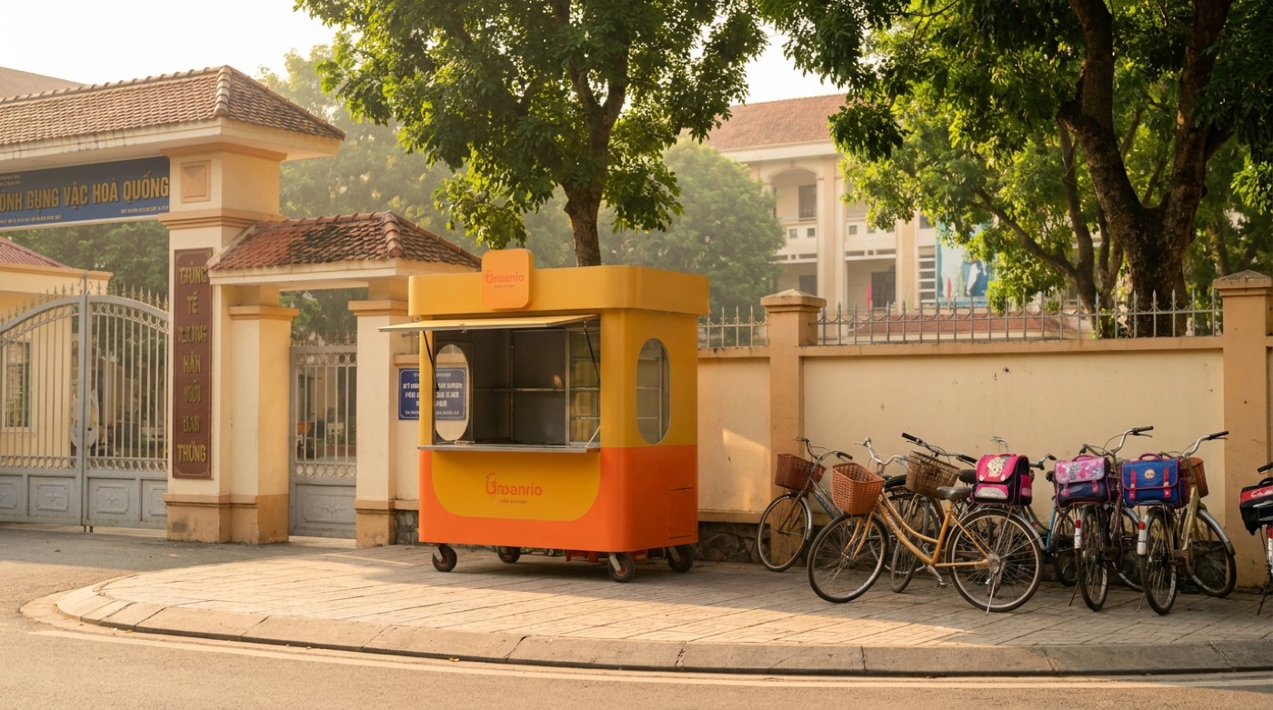 Xe đẩy ăn sáng đặt gần cổng trường học